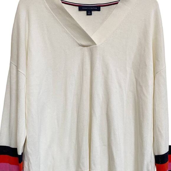 TOMMY HILFIGER Rainbow Striped-Sleeve Sweater V-Neck Pullover‎ SZ M NWOT - Picture 4 of 10